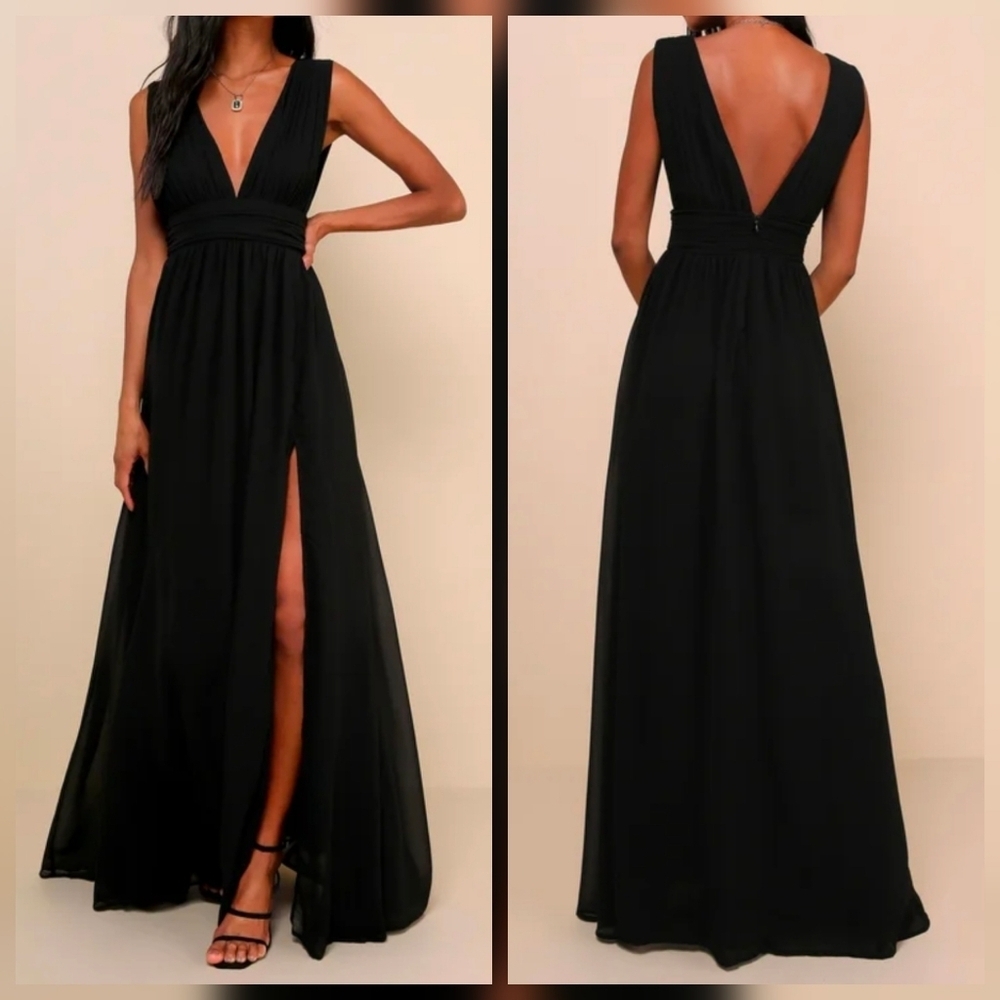 Lulus Heavenly Hues Plunging Neck Black Maxi Dress